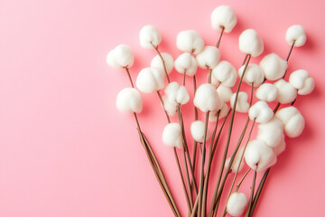 Fototapeta premium Delicate cotton flower stems arranged on a soft pink backdrop, showcasing natural beauty and simplicity in design. Generative AI