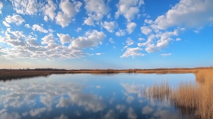 Obraz premium Reflections of fluffy clouds in tranquil water at a serene lake during a clear day
