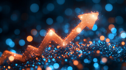 vibrant arrow pointing upwards, enveloped in dynamic light trails against a dark background, symbolizes growth, ambition, and forward momentum, evoking themes of progress and innovation