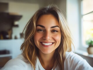 Fototapeta premium A woman with long blonde hair smiling at the camera