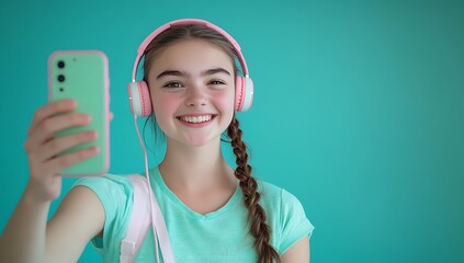 Young woman in her late teens taking a smiling selfie with headphones on against a vibrant teal background in an indoor setting