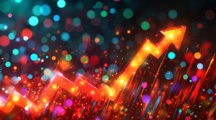 Fototapeta premium vibrant arrow pointing upwards, enveloped in dynamic light trails against a dark background, symbolizes growth, ambition, and forward momentum, evoking themes of progress and innovation