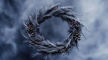 A winter wreath made of frosted pine branches and pinecones hanging against a frosty blue background