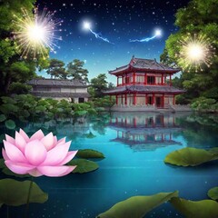 Obraz premium creative ink illustration with blooming lotus flower in a tranquil pond, surrounded by lush green leaves. traditional Chinese architecture and sky with fireworks at night sky