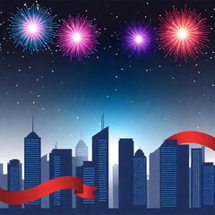 Naklejka premium dazzling cityscape light show for Chinese National Day, featuring fireworks and focusing on the mesmerized crowd below. vector art illustration with banner ribbon for copy space