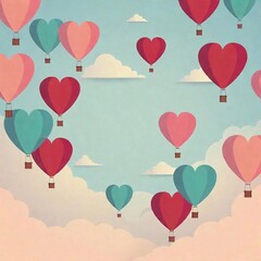 Valentine Day greeting card showcasing heart shaped balloons rising into sky