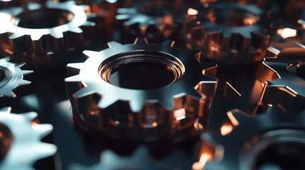 Dynamic composition of gears and cogs in motion, their metallic surfaces polished, reflecting soft light, with dark shadows emphasizing depth, symbolizing cooperation and productivity.