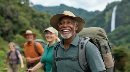 Fototapeta premium Group of diverse senior friends enjoying a hiking in a national park surrounded by lush greenery, mountains, and waterfall, The overall atmosphere is one of camaraderie, senior travel.