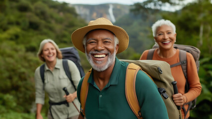 Group of diverse senior friends enjoying a hiking in a national park surrounded by lush greenery, mountains, and waterfall, The overall atmosphere is one of camaraderie, senior travel.