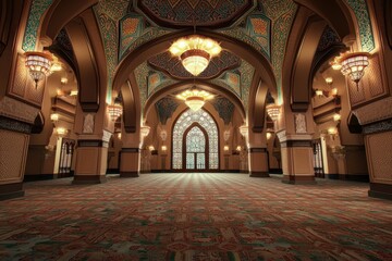 Fototapeta premium A grand interior space featuring intricate architectural details, ornate chandeliers, and a beautifully patterned floor.