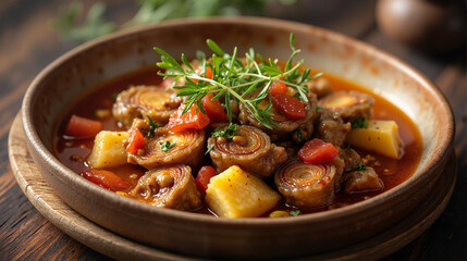 Colorful vegetable stew in rustic bowl with herbs
