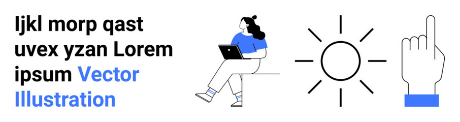 Woman seated with laptop, pointing hand icon, and sun symbol. Elements in black, blue, white, and gray. Ideal for technology, work, productivity, user interface, simplicity, light, and modern design