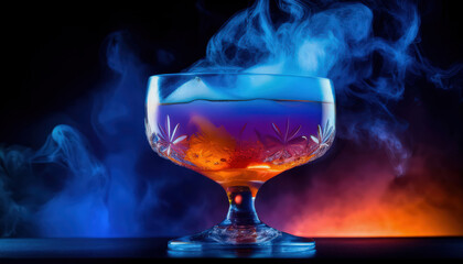 A vibrant cocktail in a crystal glass with thick, dramatic smoke spilling over the rim and floating above, adding an intense and mysterious effect.