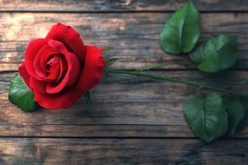 Red Rose in Vase on Old Wooden Background: Romantic and Rustic Floral Decor