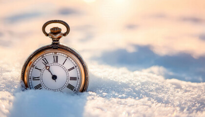 A vintage pocket watch partially buried in soft, pristine snow, its hands frozen in time, evoking a sense of timelessness and stillness in the winter landscape.