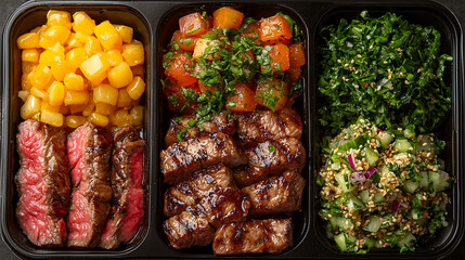 Delicious meal prep featuring grilled steak, fresh salads, and vibrant fruits. Enjoy balanced and nutritious selection with flavors that excite palate