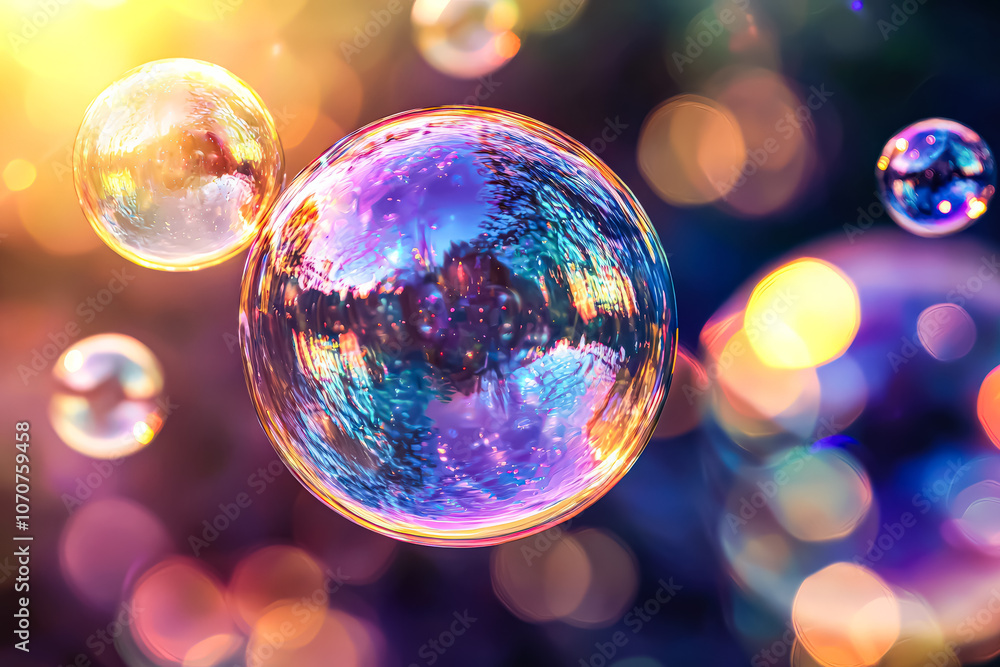 Poster colorful image of many bubbles of different colors. the bubbles are floating in the air and creating