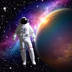 An astronaut floating serenely in the vastness of space, surrounded by colorful nebulae and twinkling stars, with their visor reflecting distant galaxies and cosmic phenomena.