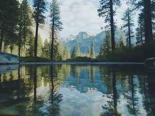 Fototapeta premium Peaceful reflection of granite cliffs in a serene pond at Yosemite National Park during a clear day in spring