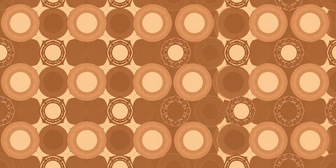Abstract geometric pattern with circles and squares in shades of brown.