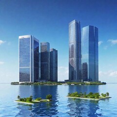Obraz premium Futuristic city partially submerged in water, with tall skyscrapers emerging from the floodwaters.