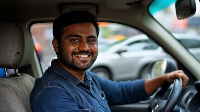 The driver is a cheerful young Indian man who grins.