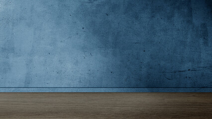 grungy, aged blue concrete wall with a horizontal line separating it from a dark wooden floor. perfect for interior. room backdrop for products displayed. empty blue room with walnut wood floor.