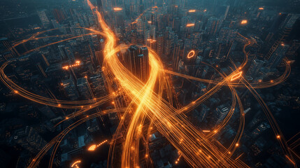 A cityscape at night with highway traffic light trails creates a dynamic urban scene, Traffic-jammed city highway illuminated by streaks of light