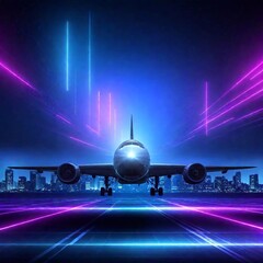 Fototapeta premium cyberpunk image of an aircraft with neon effect on night city background with blue and pink neon lights and signs