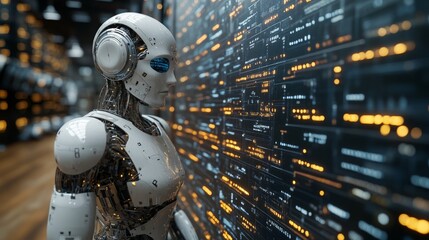 Fototapeta premium Advanced AI legal aides interact within a mobile environment, showcasing future technology