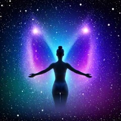 Fototapeta premium An otherworldly creature with butterfly wings made of light, floating in a surreal night sky filled with swirling galaxies and floating neon flowers.