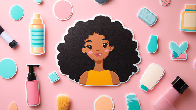 Cute sticker design featuring a girl with curly hair and moisturizing products, ideal for planners and scrapbooks
