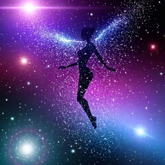 A dreamlike creature with a body made of stars, its form flickering and shifting as it moves through a surreal cosmic landscape of swirling nebulae and glowing planets.