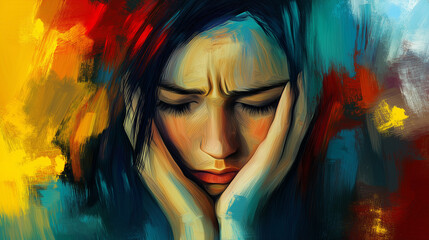 depressed woman with painting style