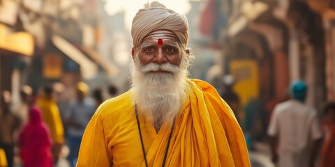 An elderly man with white beard and turban in vibrant marketplace, expressing calm amidst colorful chaos.