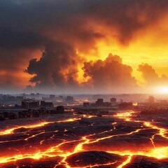 volcanic apocalypse where the earth is covered in molten lava and ash clouds block out the sun. destroyed city with ruins 