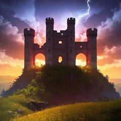 Obraz premium A ruined castle perched on the edge of a glowing abyss, casting strange red light on the surrounding landscape.