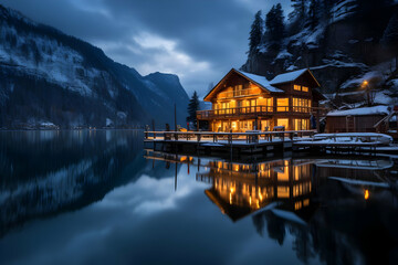 Fototapeta premium A serene lakeside cabin reflecting in calm waters under a cloudy sky.