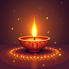 Vibrant diya lamp glowing warmly in a beautifully decorated setting, symbolizing light and spirituality during festive celebrations, surrounded by intricate designs and soft glowing lights