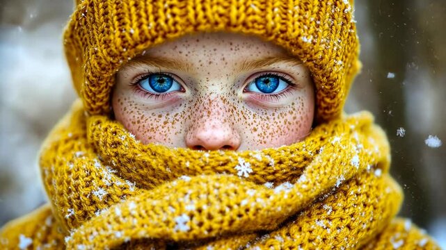 A child with blue eyes and freckles looks out from behind a warm yellow scarf in the winter