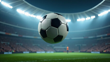 Dynamic view of a soccer ball soaring through a vibrant stadium under dazzling lights, capturing the excitement of the game and the passion of fans in a thrilling sports atmosphere