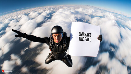 Skydiver’s Dare: Embrace the Fall with Mid-Air Message Against Wind, Clouds, and Parachute in Motion