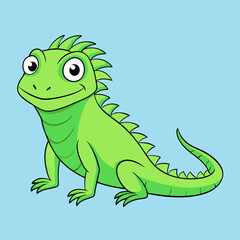The iguana is a cartoon green iguana that looks straight ahead and smiles.