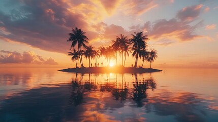 A tranquil sunset over a palm tree island reflecting on the calm waters, highlighting nature's beauty in a serene atmosphere
