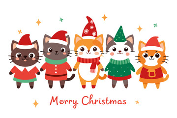 A postcard with cats dressed in Christmas clothes with the caption “Merry Christmas”.