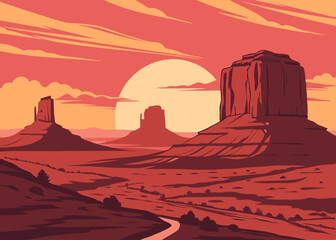 Sunset in the desert against a backdrop of cliffs. Wild west vector illustration
