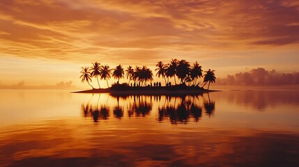 Obraz premium A tranquil sunset illuminating a tropical island with silhouetted palm trees and calm waters reflecting the warm sky