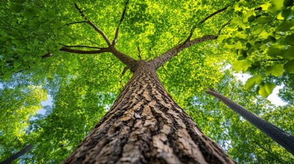 Naklejka premium Majestic Tall Tree Canopy Lush Green Leaves Spring Forest Nature