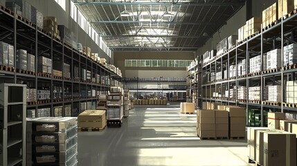 Obraz premium A spacious modern warehouse interior bathed in natural light, featuring organized shelves and pallets, ideal for logistics and storage solutions.