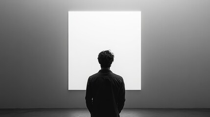 Obraz premium Man Contemplating Blank Canvas in Minimalist Gallery
